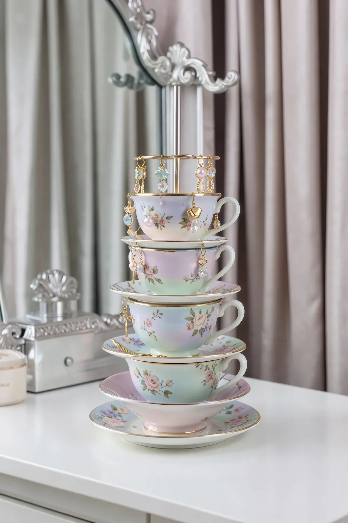 A DIY jewelry stand made of stacked pastel tea cups and saucers holding gold rings.