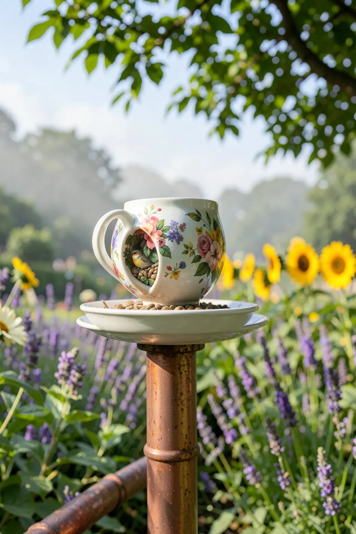A decorative tea cup bird feeder mounted on a copper stake in a flowery garden.