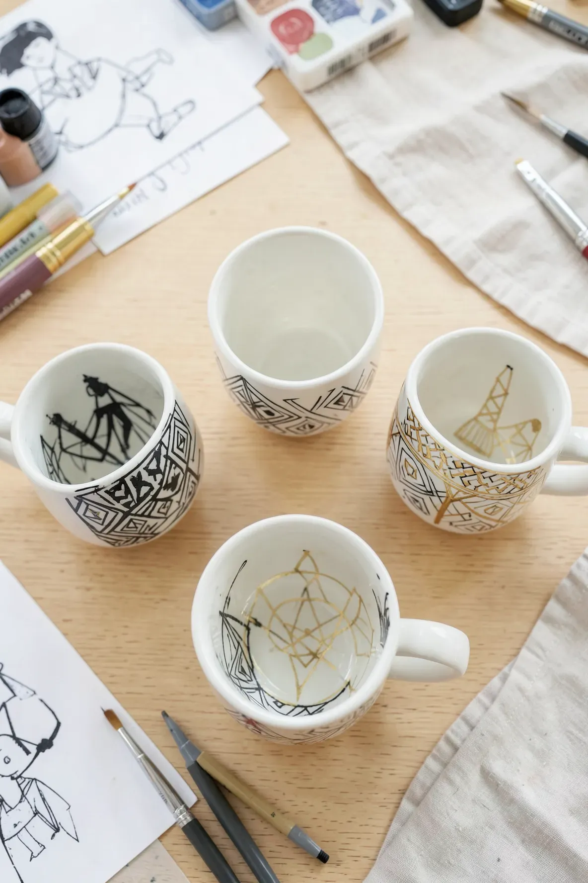 White ceramic mugs with hand-drawn black and gold geometric patterns.