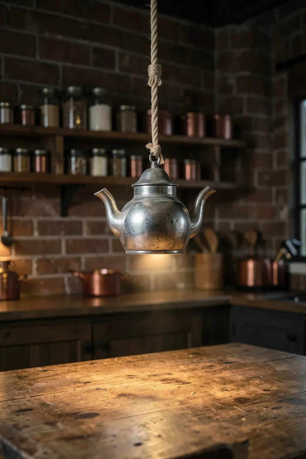 An antique silver teapot converted into a hanging pendant light over a wooden table.