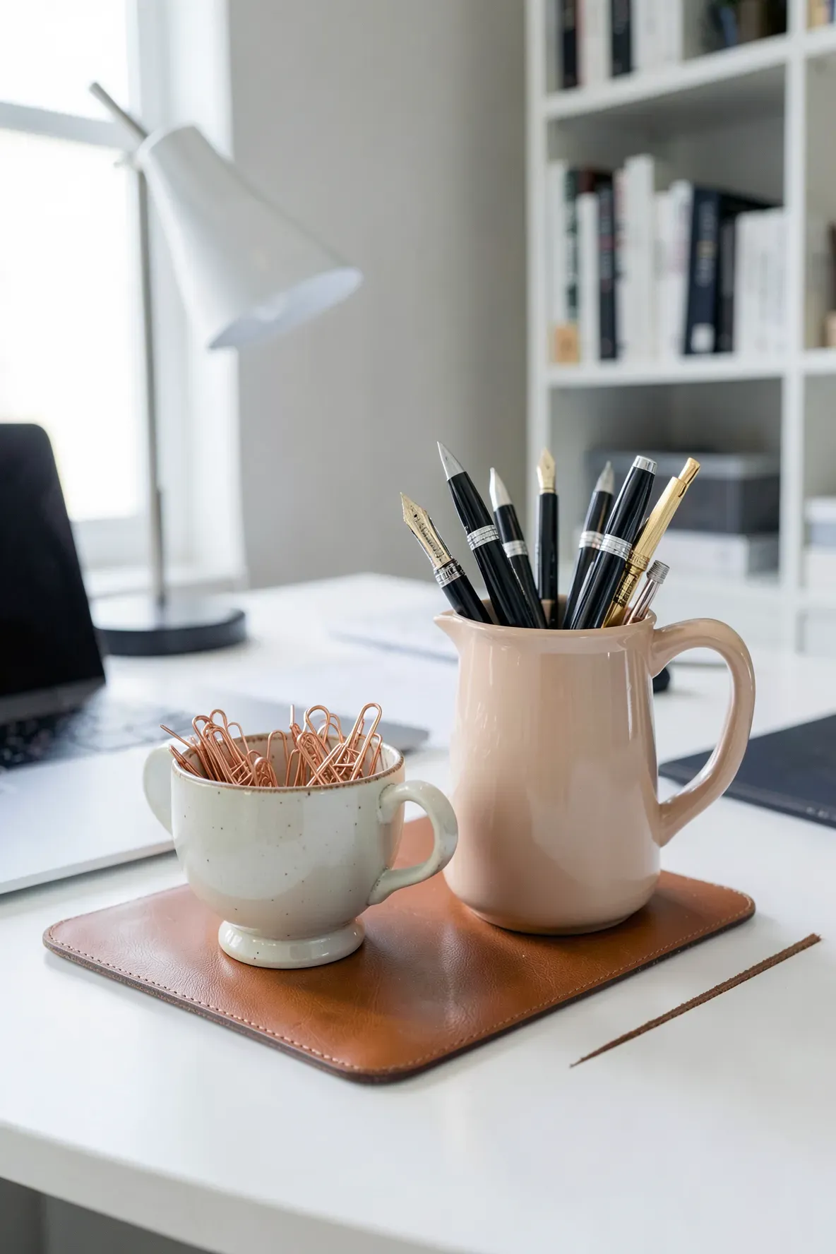 A desk with a teapot holding pens and a tea cup holding paperclips.