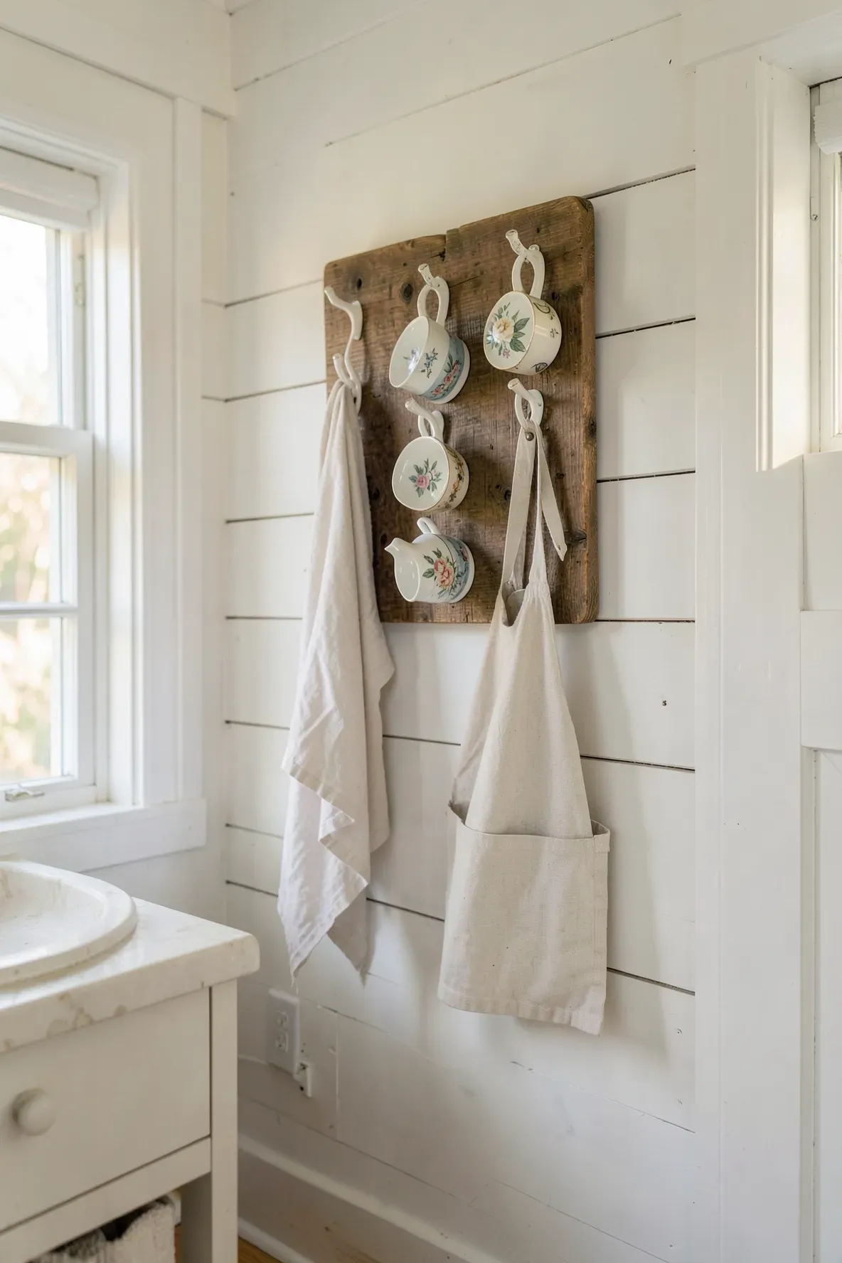 A rustic wooden board with halved vintage tea cups used as coat hooks in a bright mudroom.