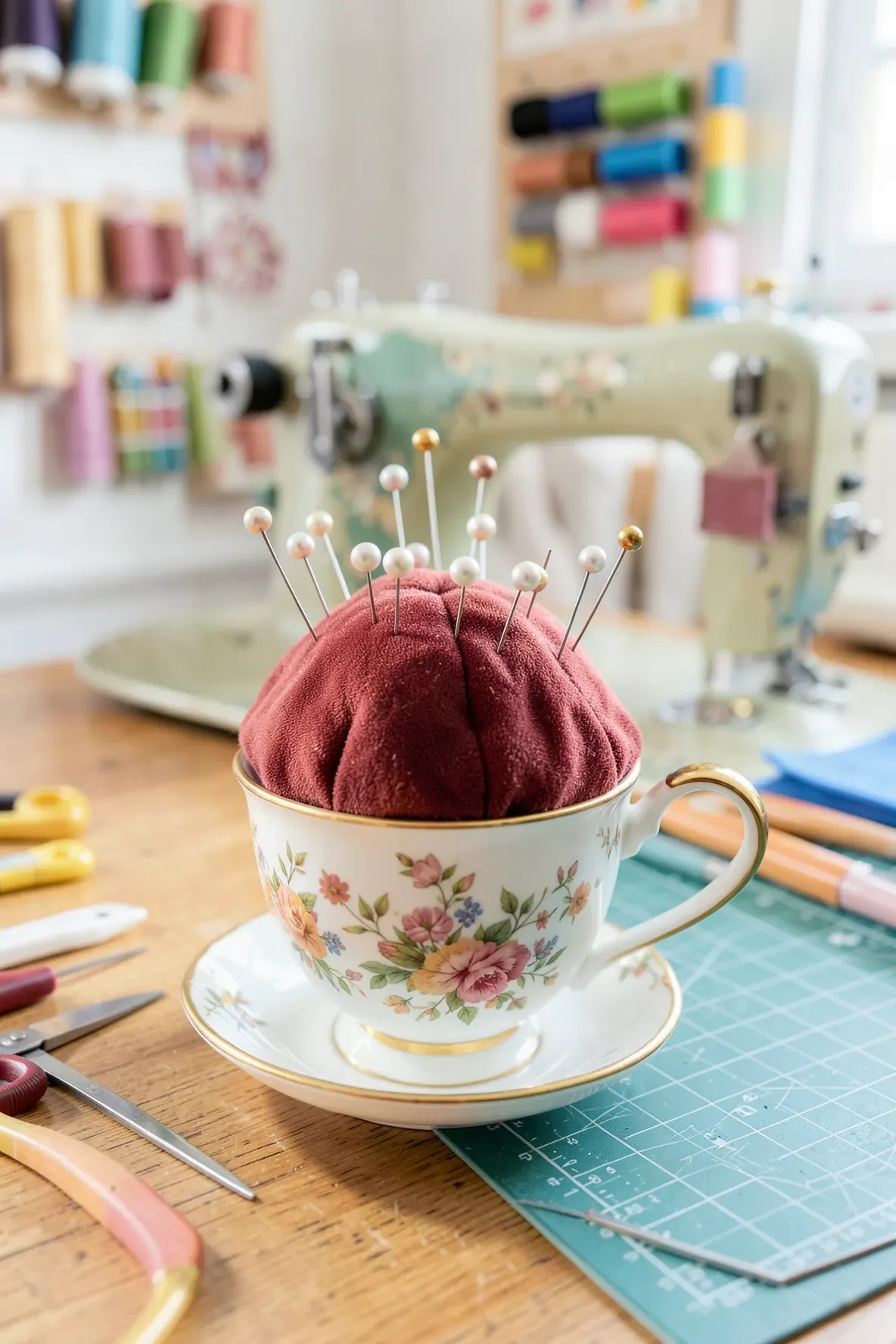 A floral tea cup repurposed into a pincushion on a wooden desk in a bright sewing studio.