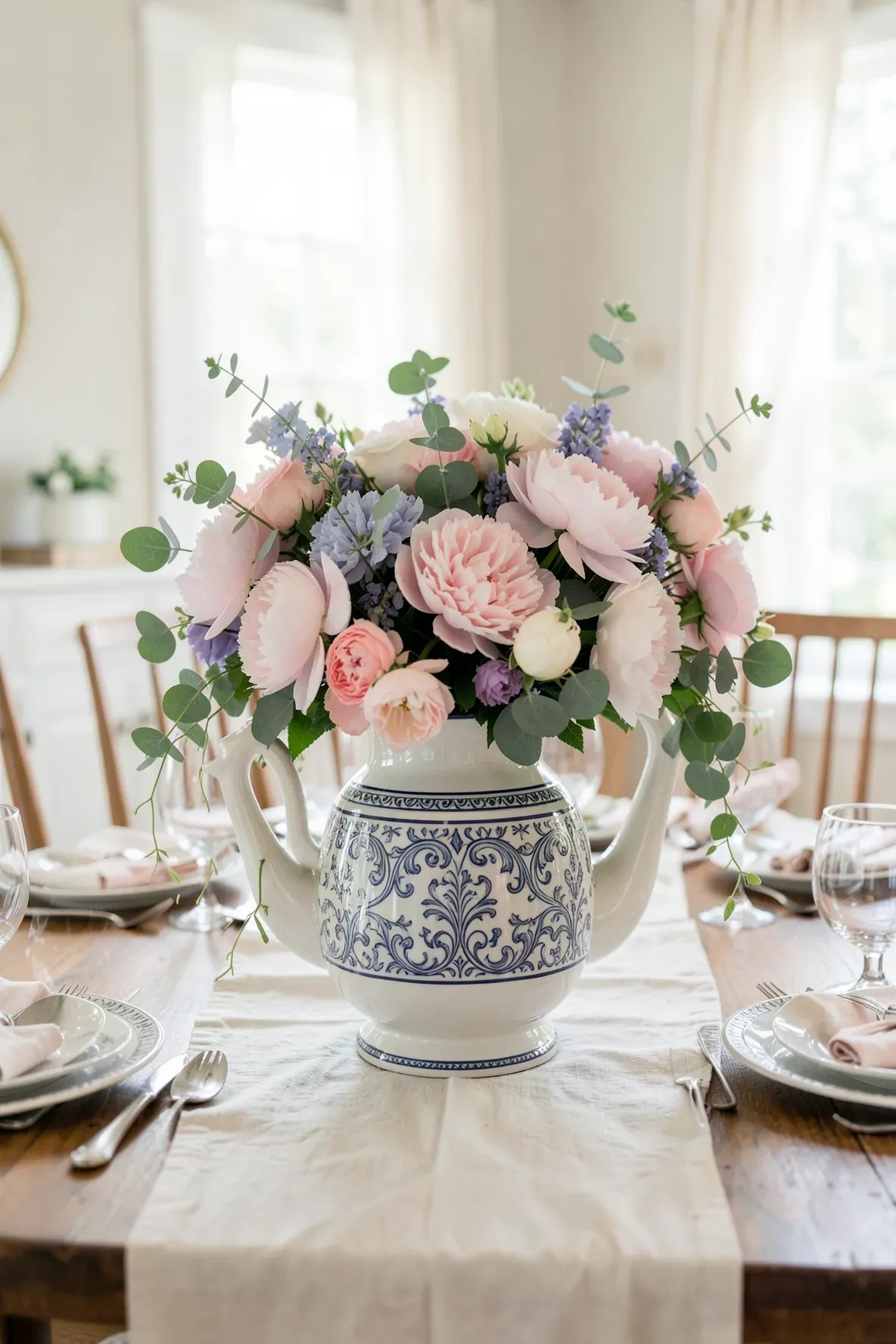 A vintage teapot overflowing with pink peonies and green vines as a centerpiece on a dining table.