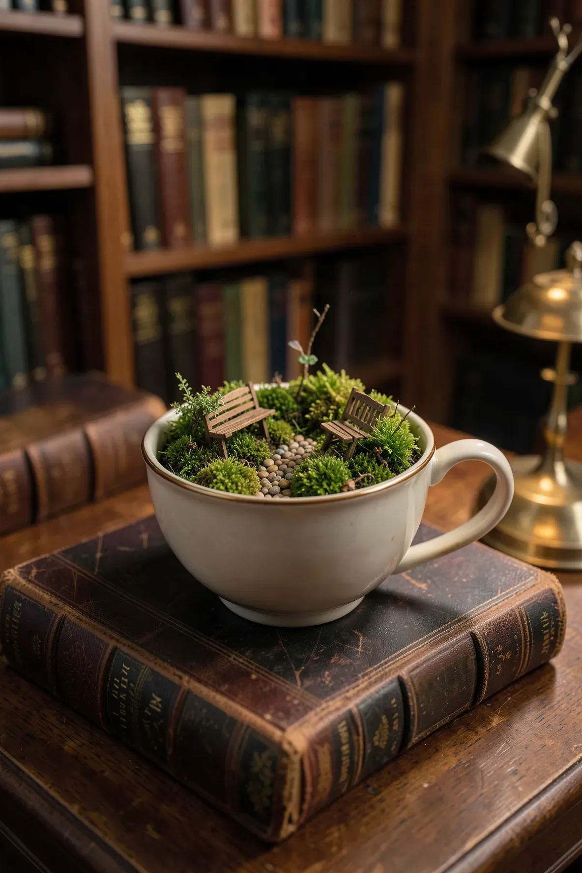 A tiny fairy garden with moss and a miniature bench inside a tea cup on a library shelf.