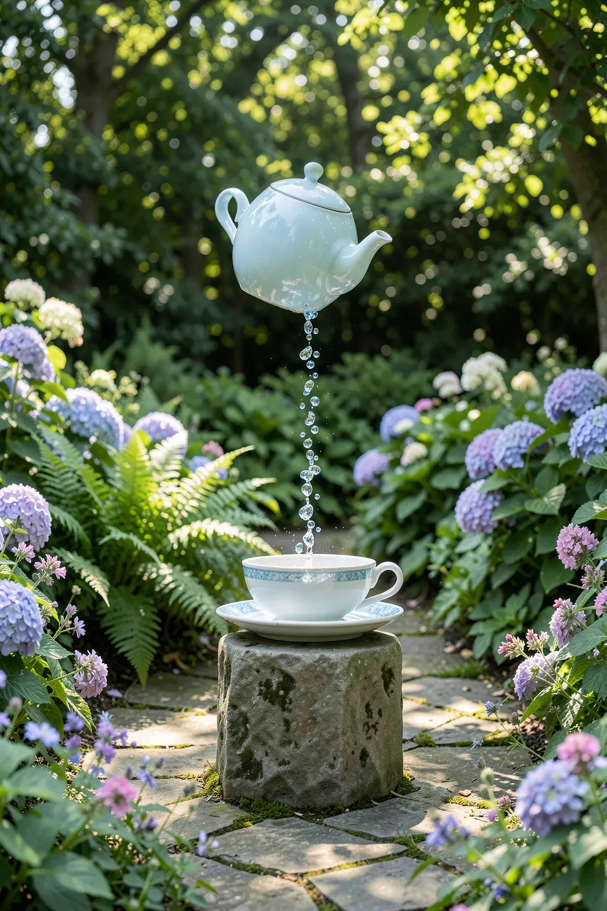 A whimsical garden fountain made from a teapot appearing to pour beads into a tea cup.