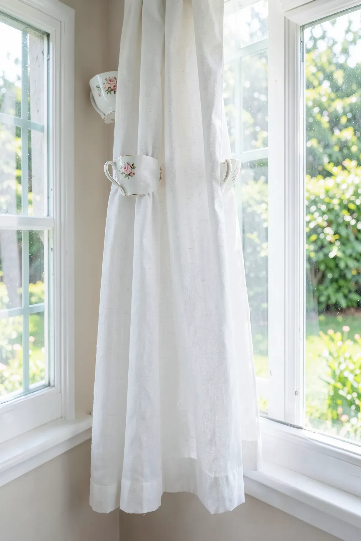 A white linen curtain gathered through a vintage tea cup used as a decorative tie-back.