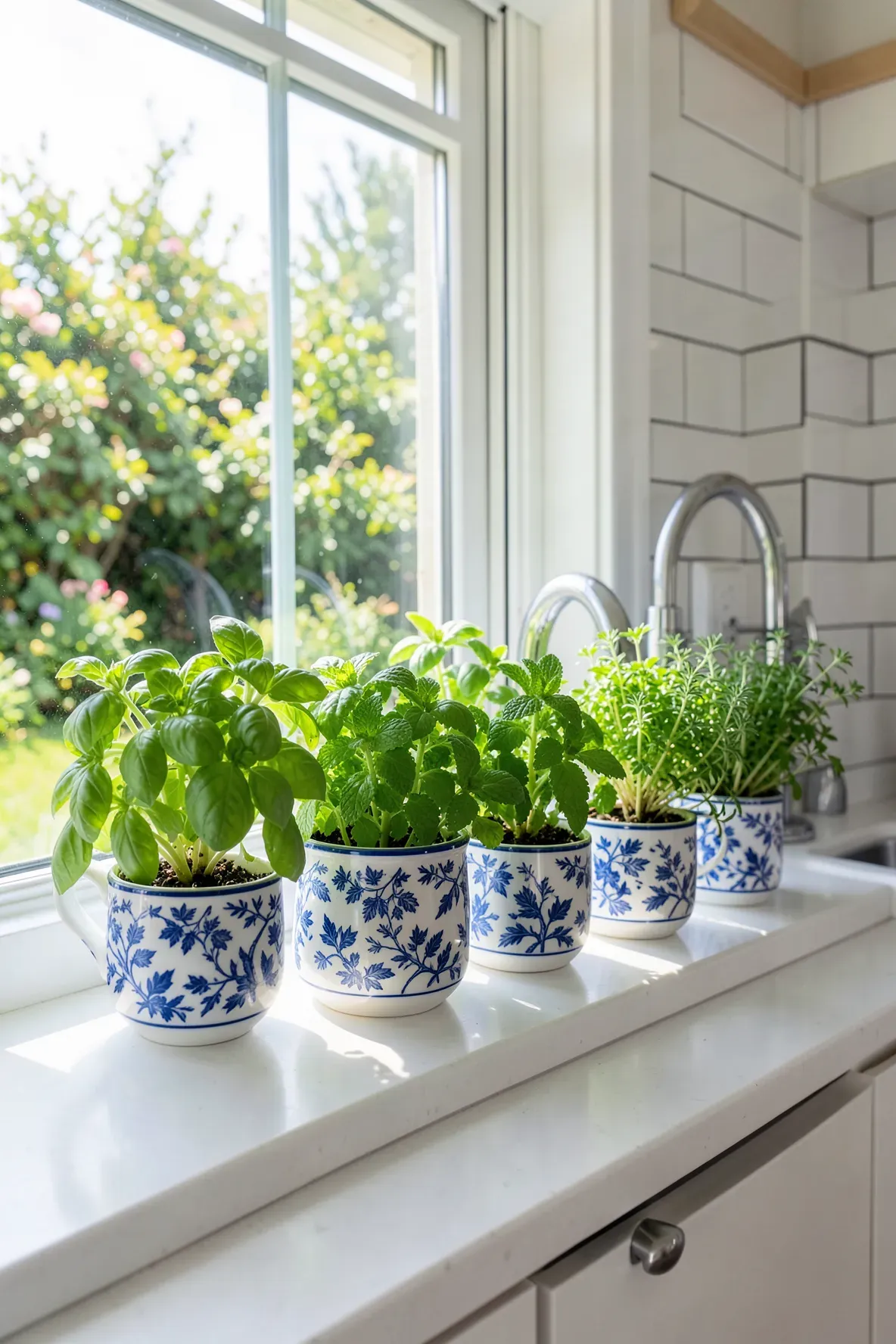 Matching blue and white tea cups used as planters for fresh herbs on a sunny kitchen windowsill.