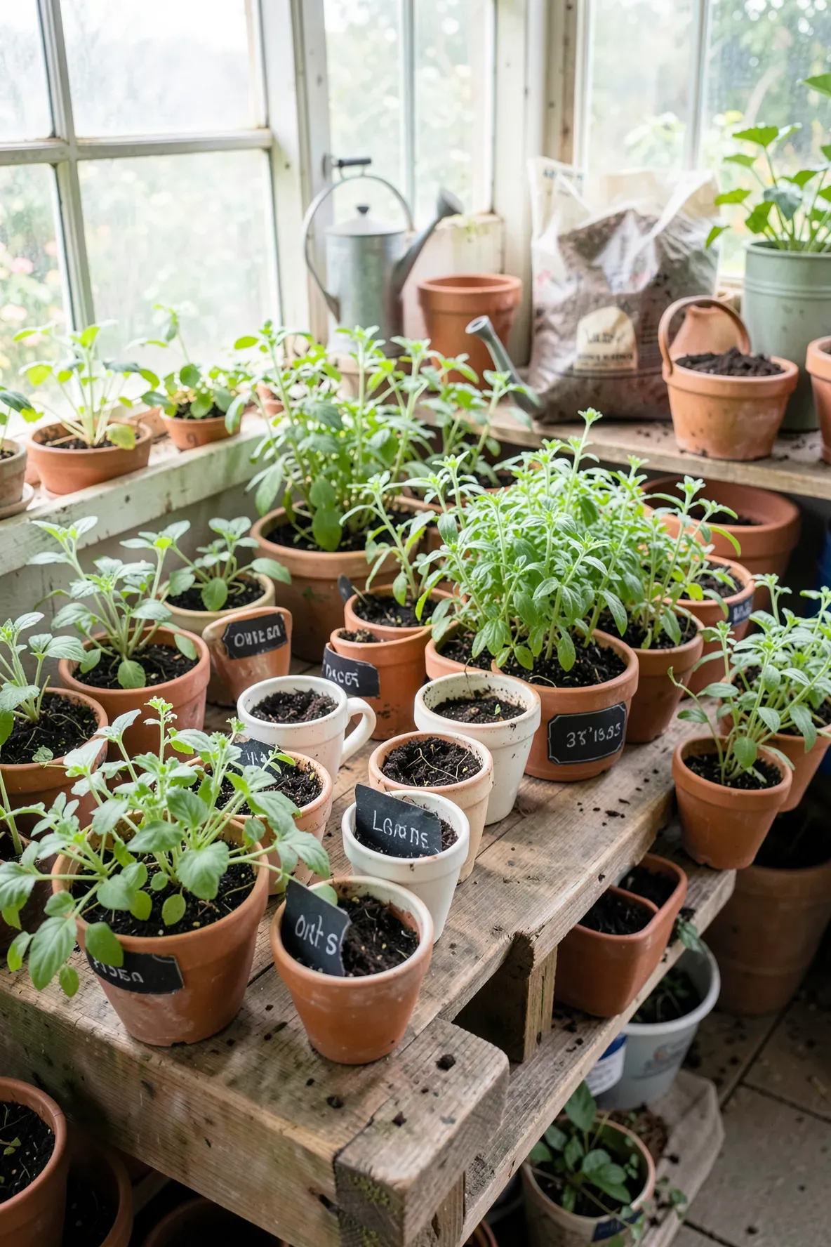 Repurposed tea cups used as herb planters with chalkboard labels on a garden bench.