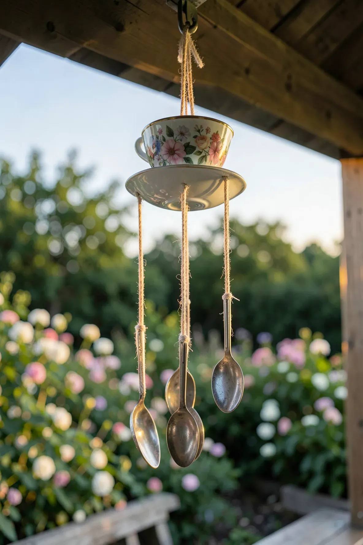 A creative wind chime made from a floral tea cup and dangling silver spoons on a porch.