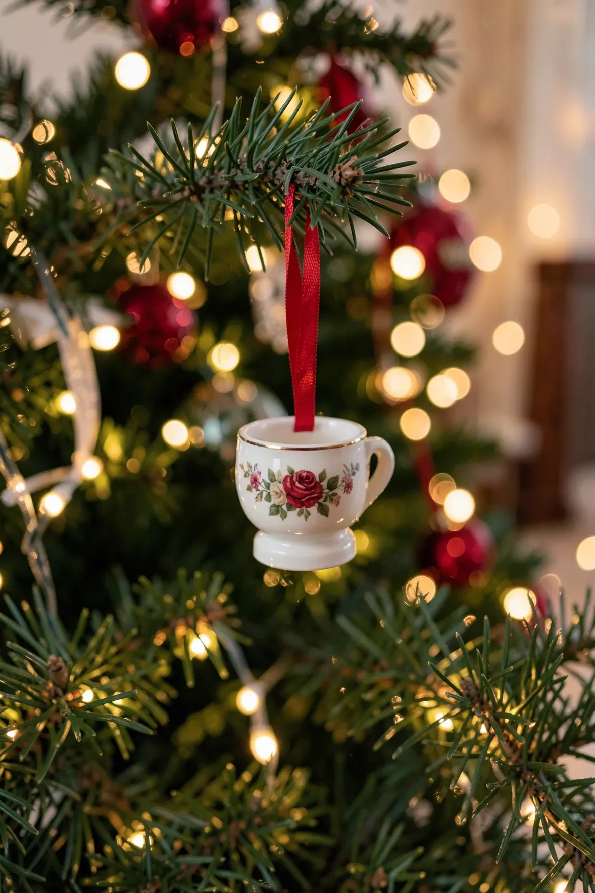 A tiny miniature tea cup ornament with a red ribbon hanging on a Christmas tree.