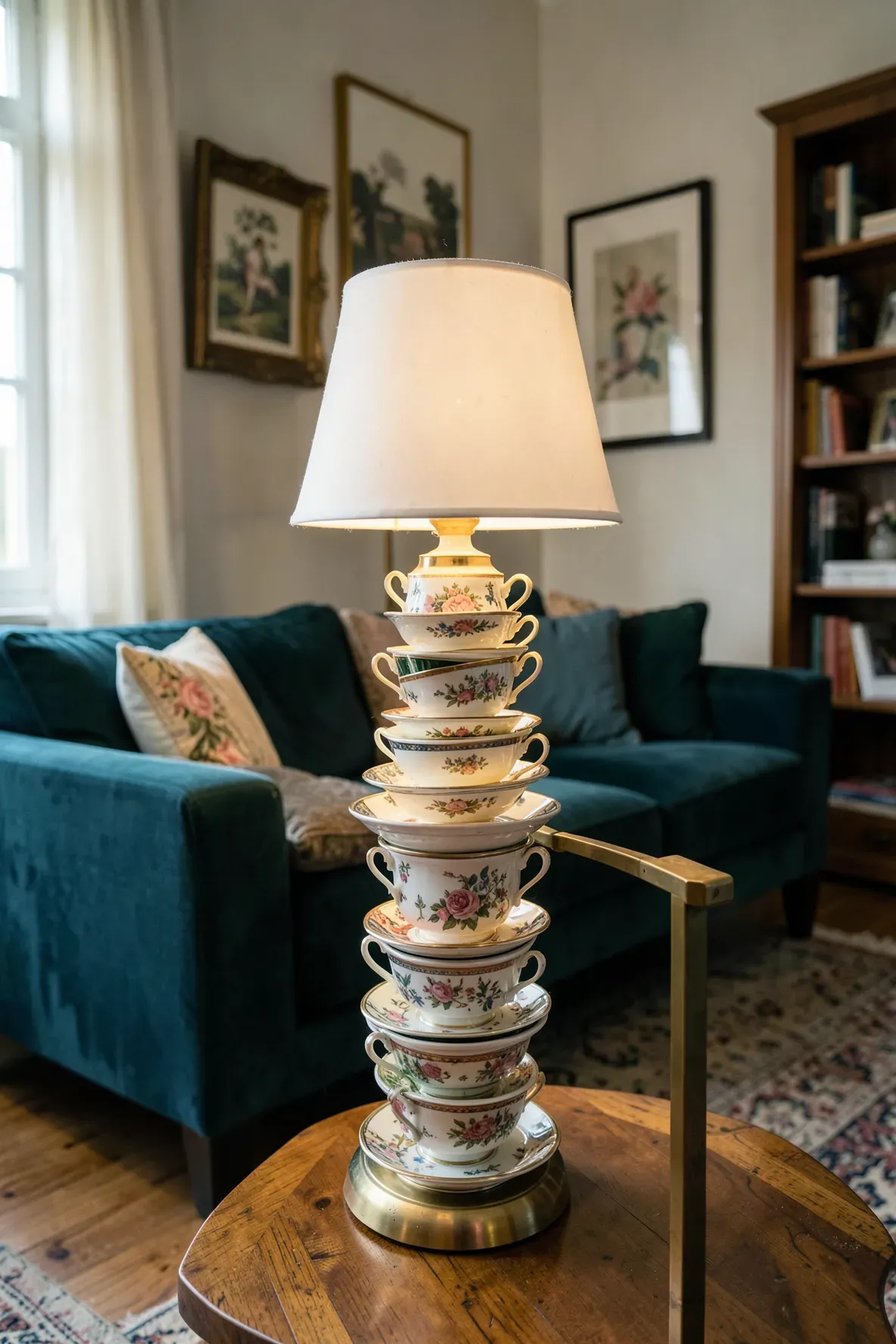 A creative table lamp with a base made of stacked colorful vintage tea cups in a living room.