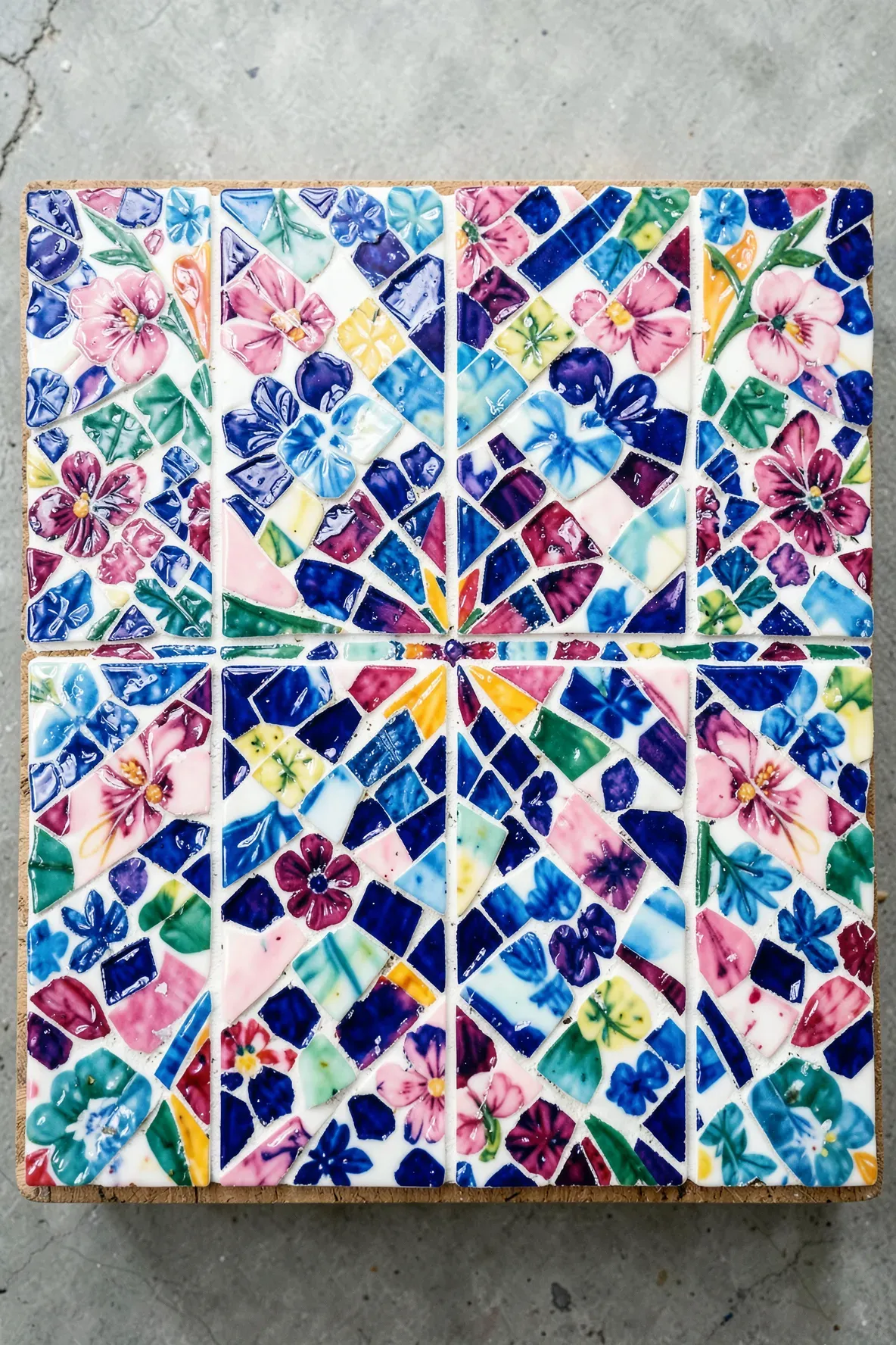 A colorful mosaic pattern made from broken pieces of patterned tea cups and saucers.
