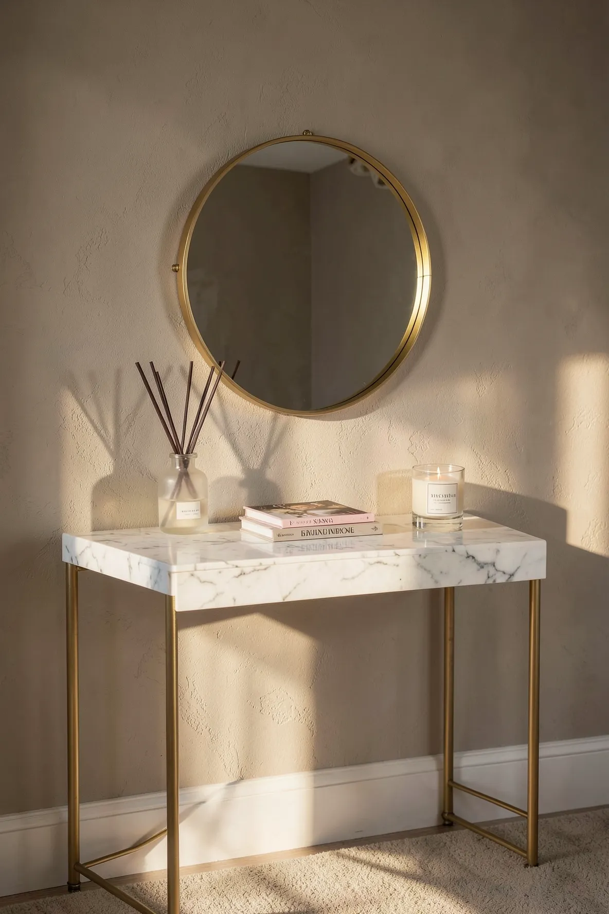 A minimalist reed diffuser and a small candle arranged on a marble entryway table.