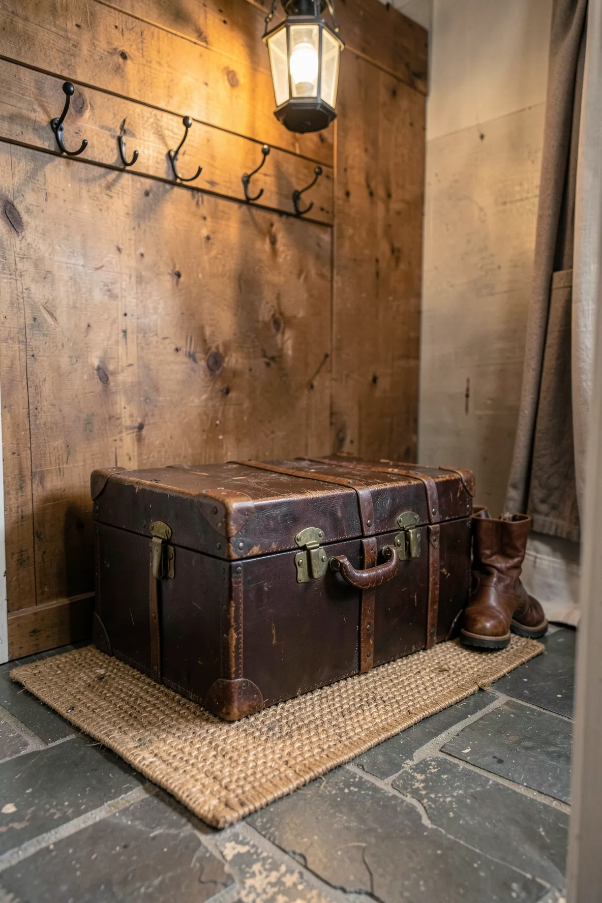 An antique leather trunk used as a decorative storage piece in a rustic entryway.
