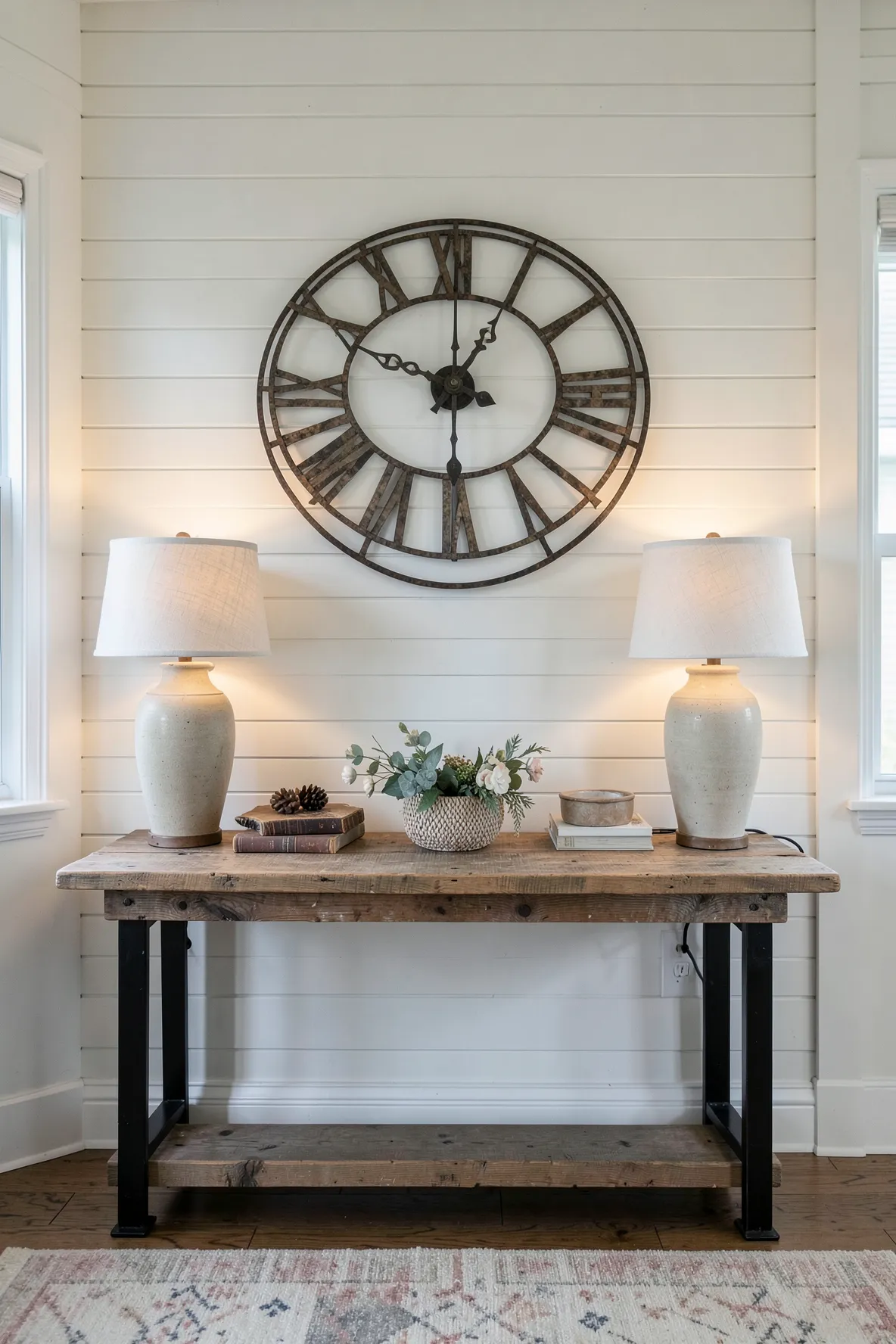 A large rustic metal wall clock hanging above a console table in an entryway.