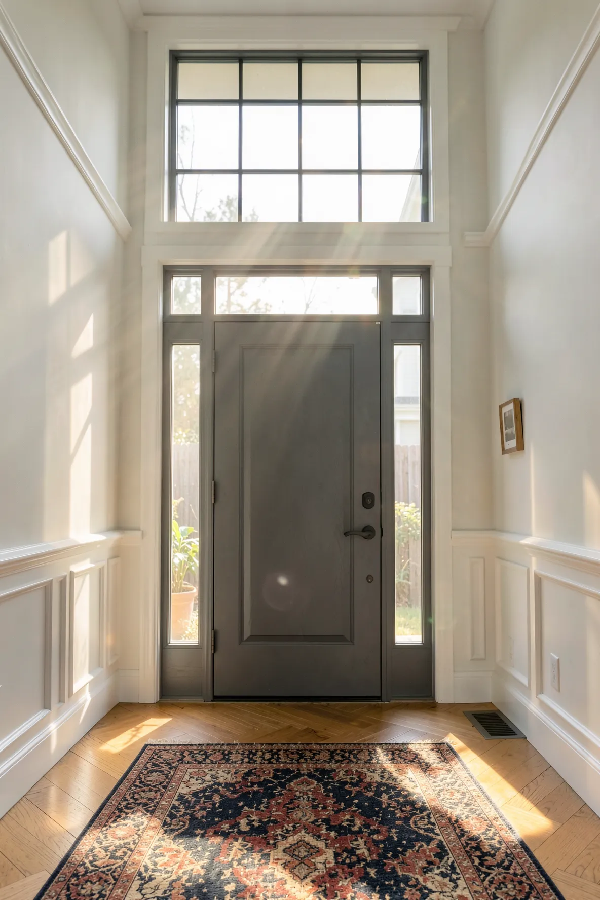 Natural sunlight streaming through a glass transom window above a front entry door into a bright foyer.