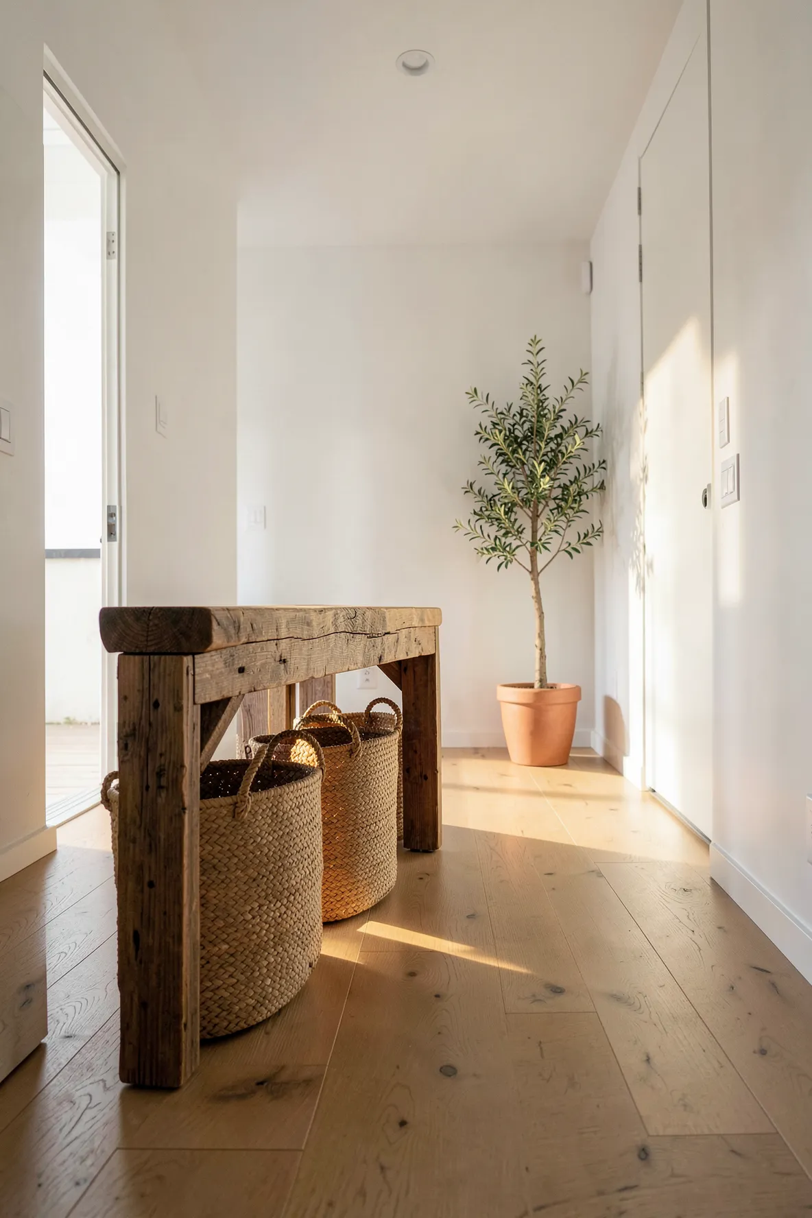 Woven seagrass baskets stored under a rustic wooden console table in a bright, clean entryway.