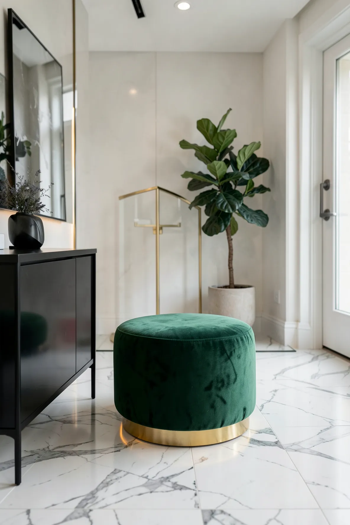 A round emerald green velvet ottoman placed next to a modern entryway console.