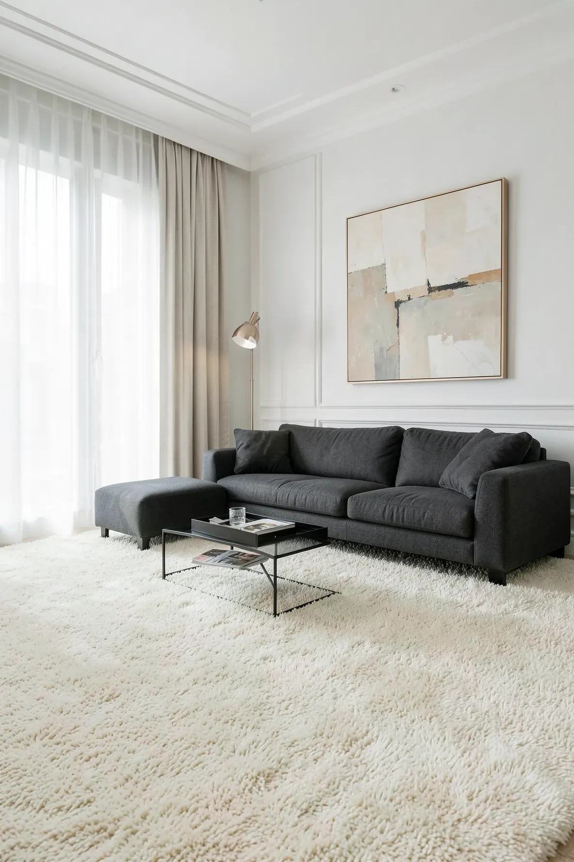 A plush cream carpet in a modern living room with a low-profile gray sofa and large windows.