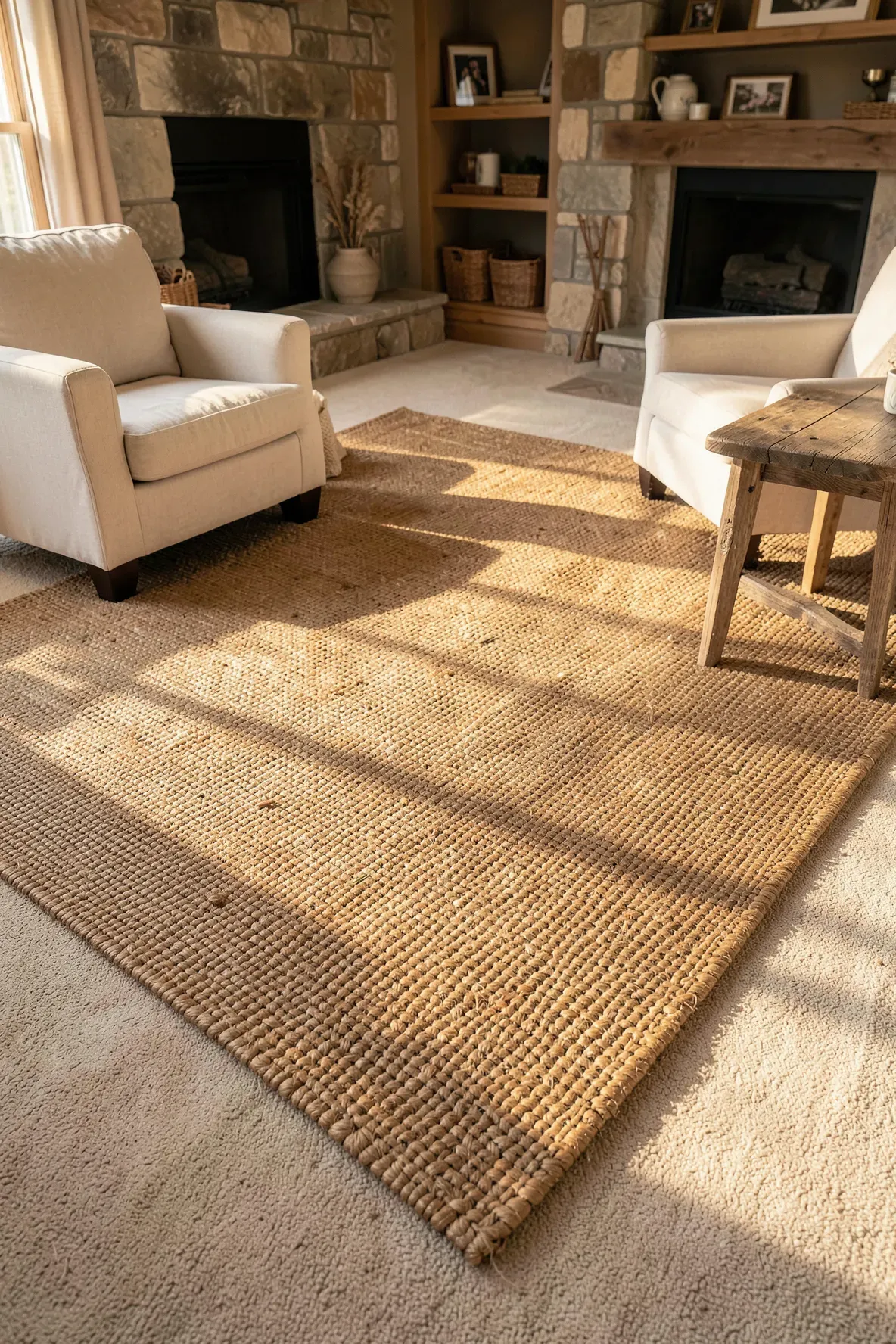 A textured jute rug layered over wall-to-wall beige carpet in a sunlit, cozy living room.