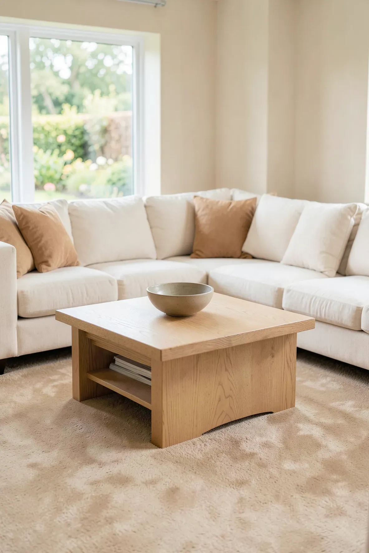 A light oak coffee table on a warm beige carpet in a bright, Scandinavian-style living room.