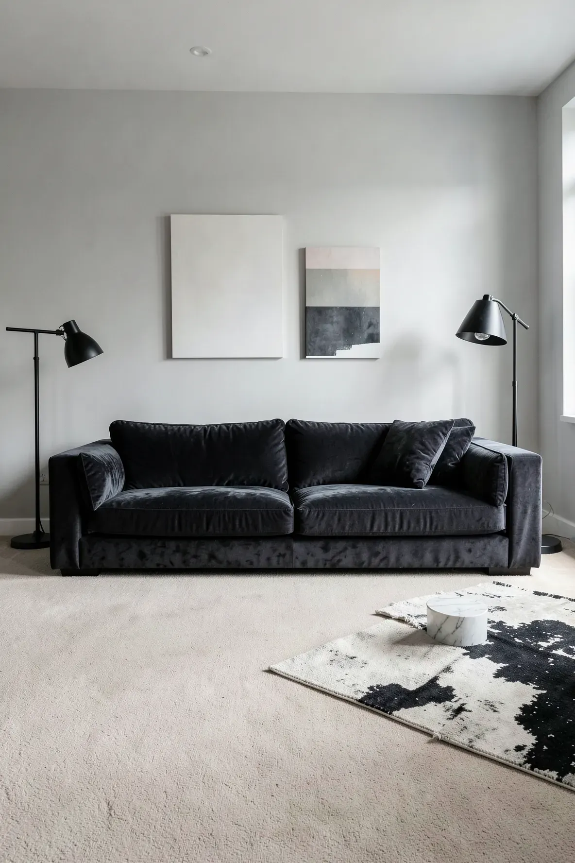 A dark charcoal velvet sofa providing a bold contrast against a neutral beige carpeted floor.
