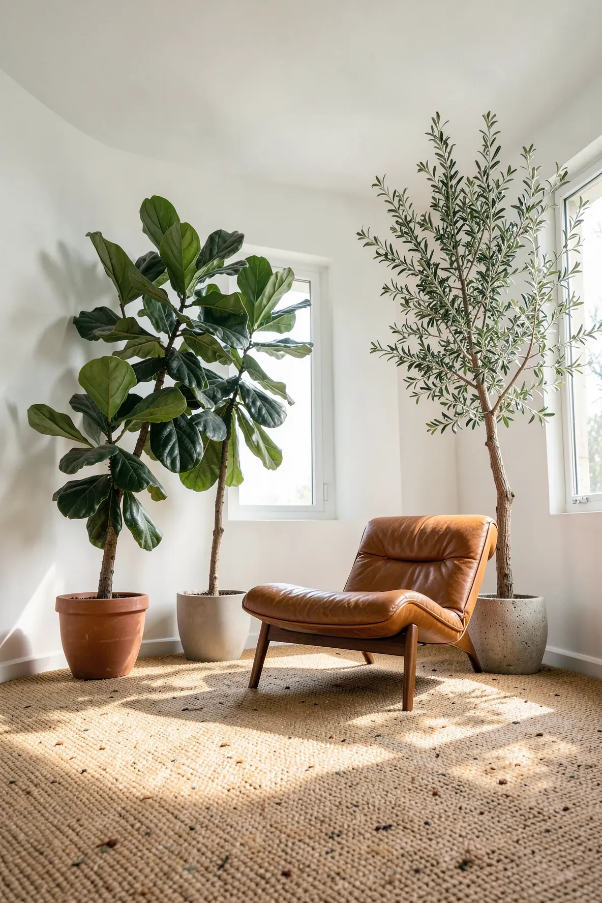 A tan Berber carpeted room with large green indoor trees and a leather chair.
