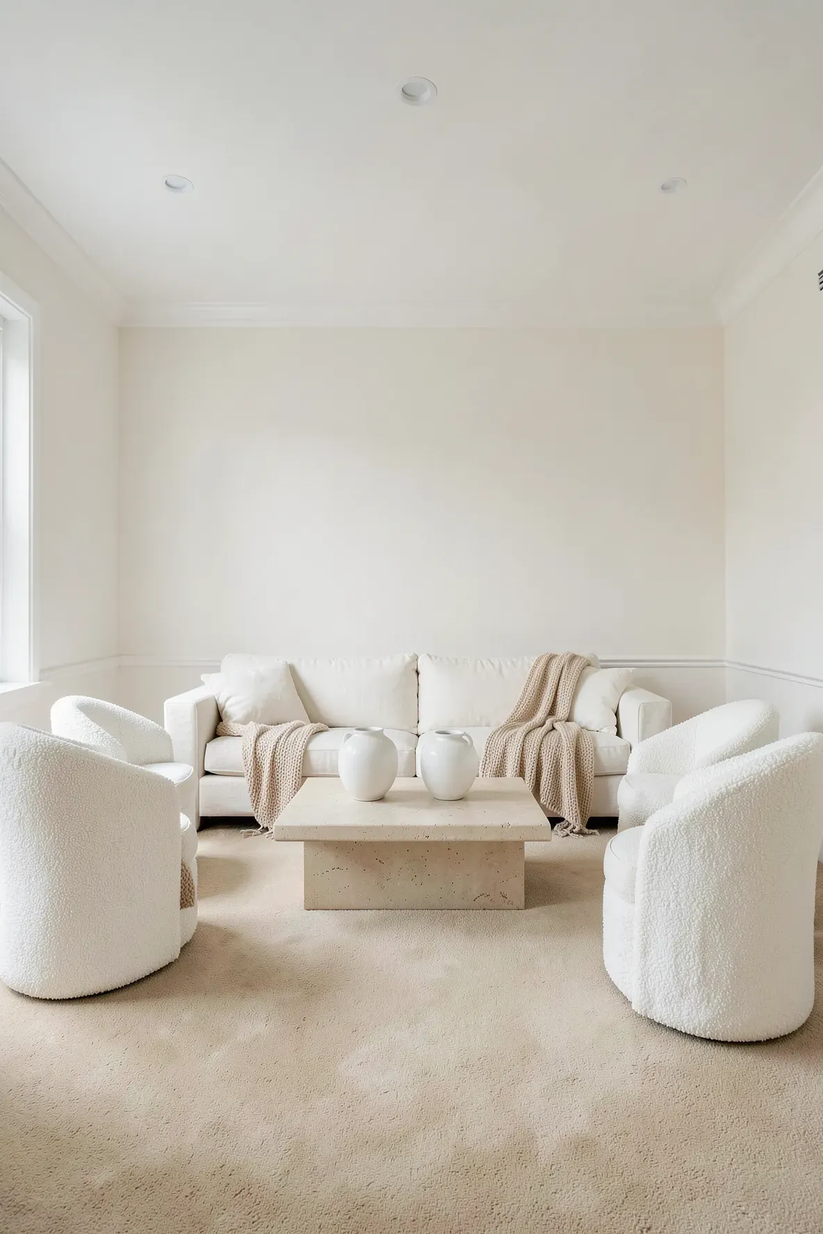 A bright, monochromatic living room with sandy carpet, off-white walls, and cream furniture.