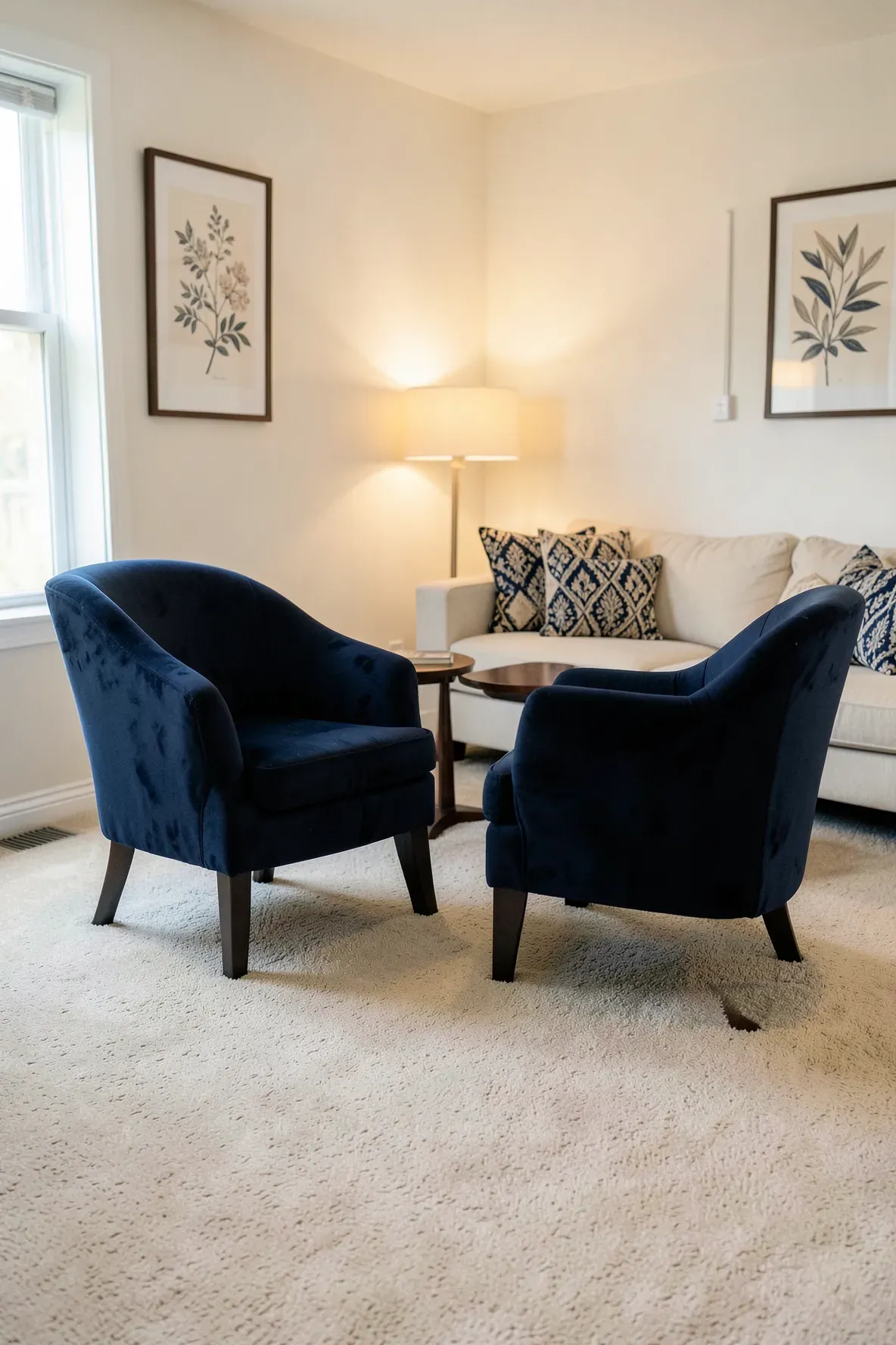 Deep navy blue accent chairs grounding a light beige carpeted living room.
