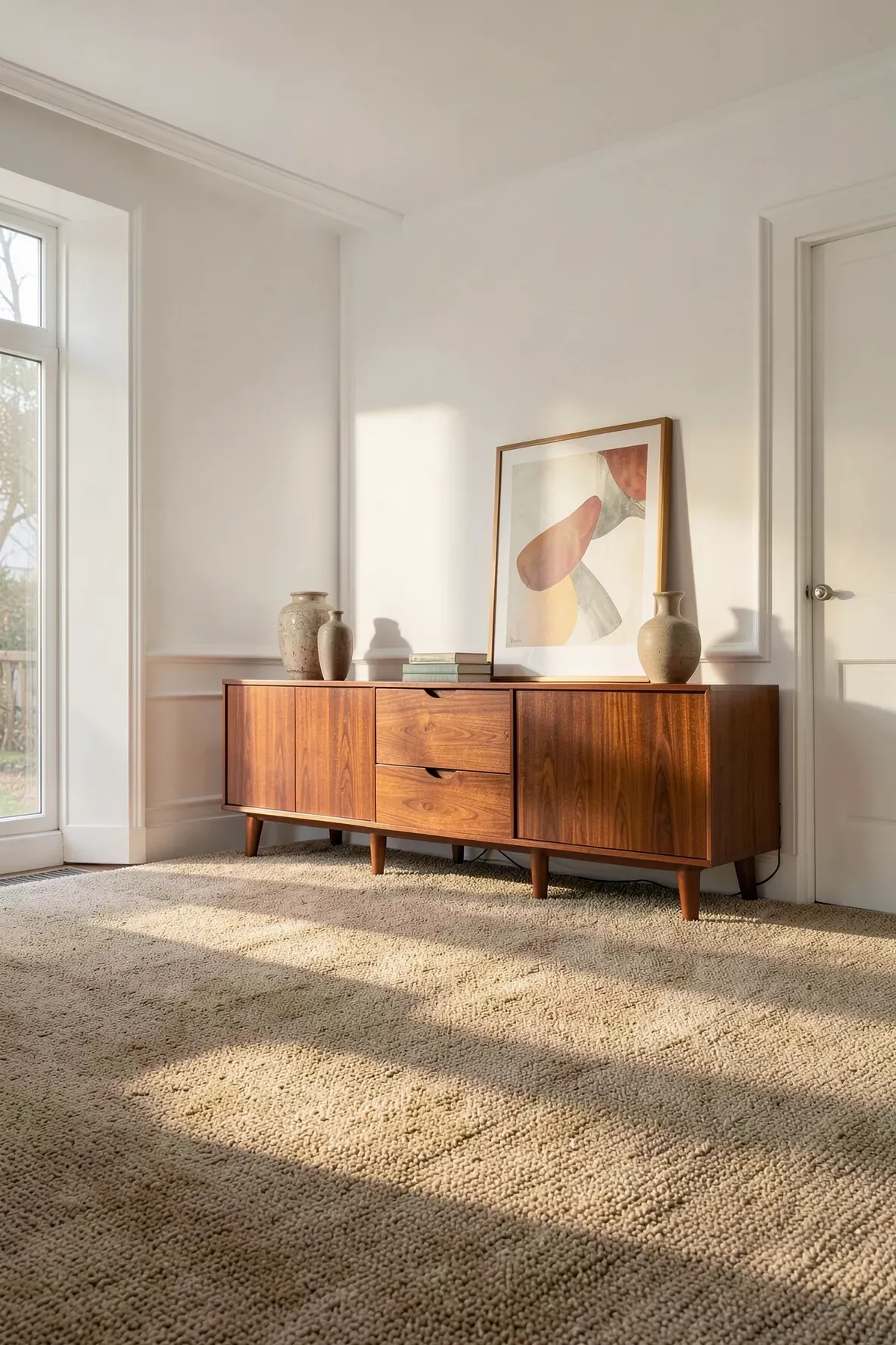 A beige loop pile carpet in a mid-century modern living room with a vintage teak sideboard.