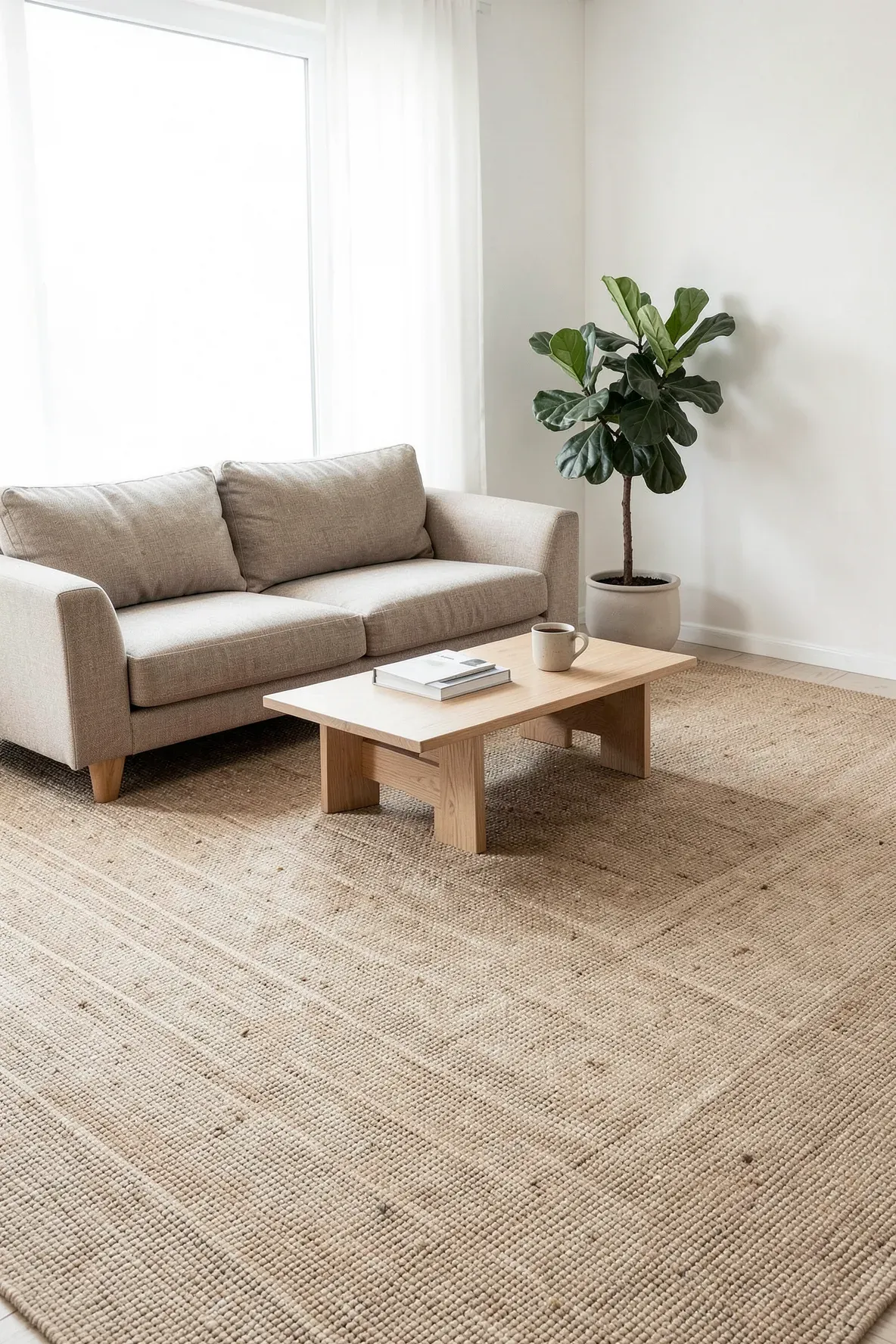 A natural living room featuring a textured wool and sisal blend carpet in a light beige tone.