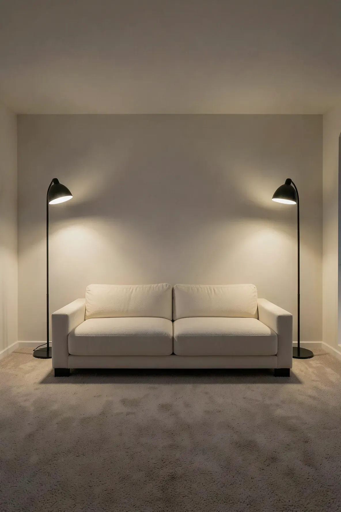 Sleek black metal floor lamps providing contrast in a soft beige carpeted living room.
