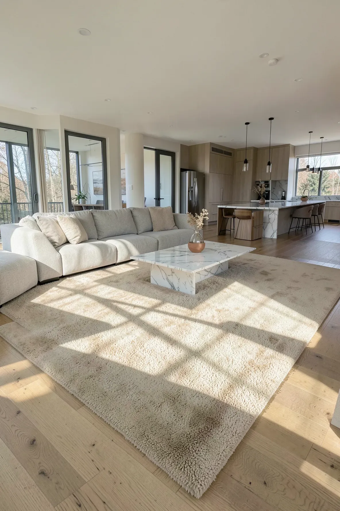 An open-concept living area with a plush sand-colored carpet defining the seating zone.