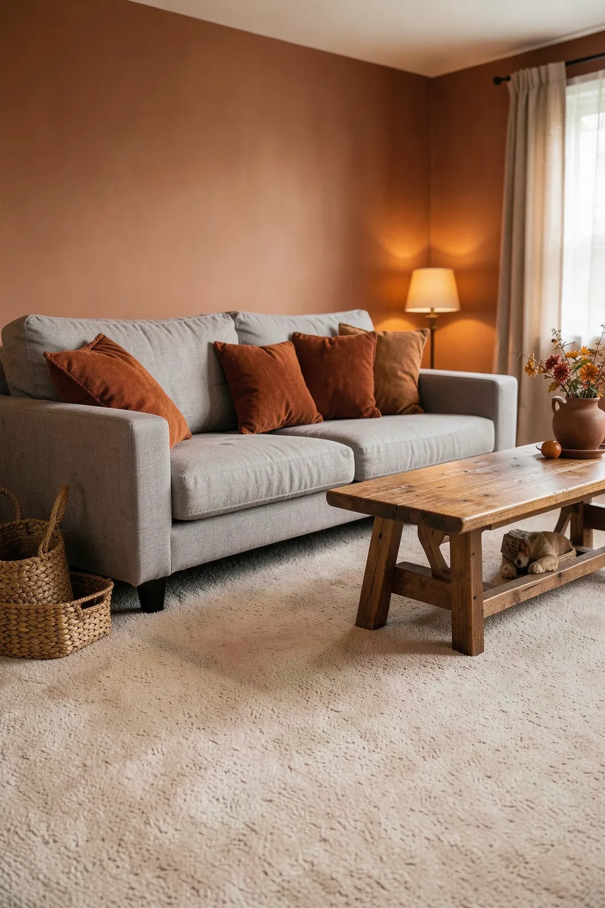 Terracotta and rust-colored pillows adding warmth to a living room with beige carpet.