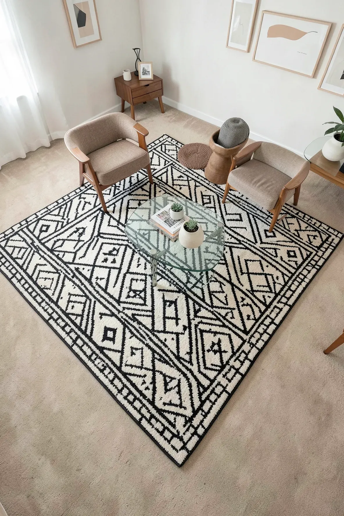 A black and white geometric rug layered over a solid beige carpet in a modern living room.