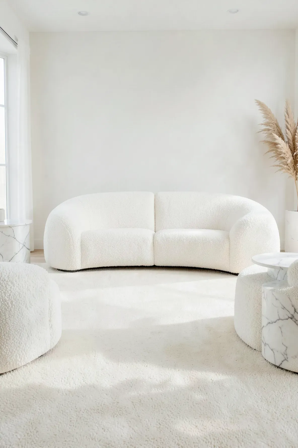 White bouclé seating on a matching cream carpet in a luxury living room.