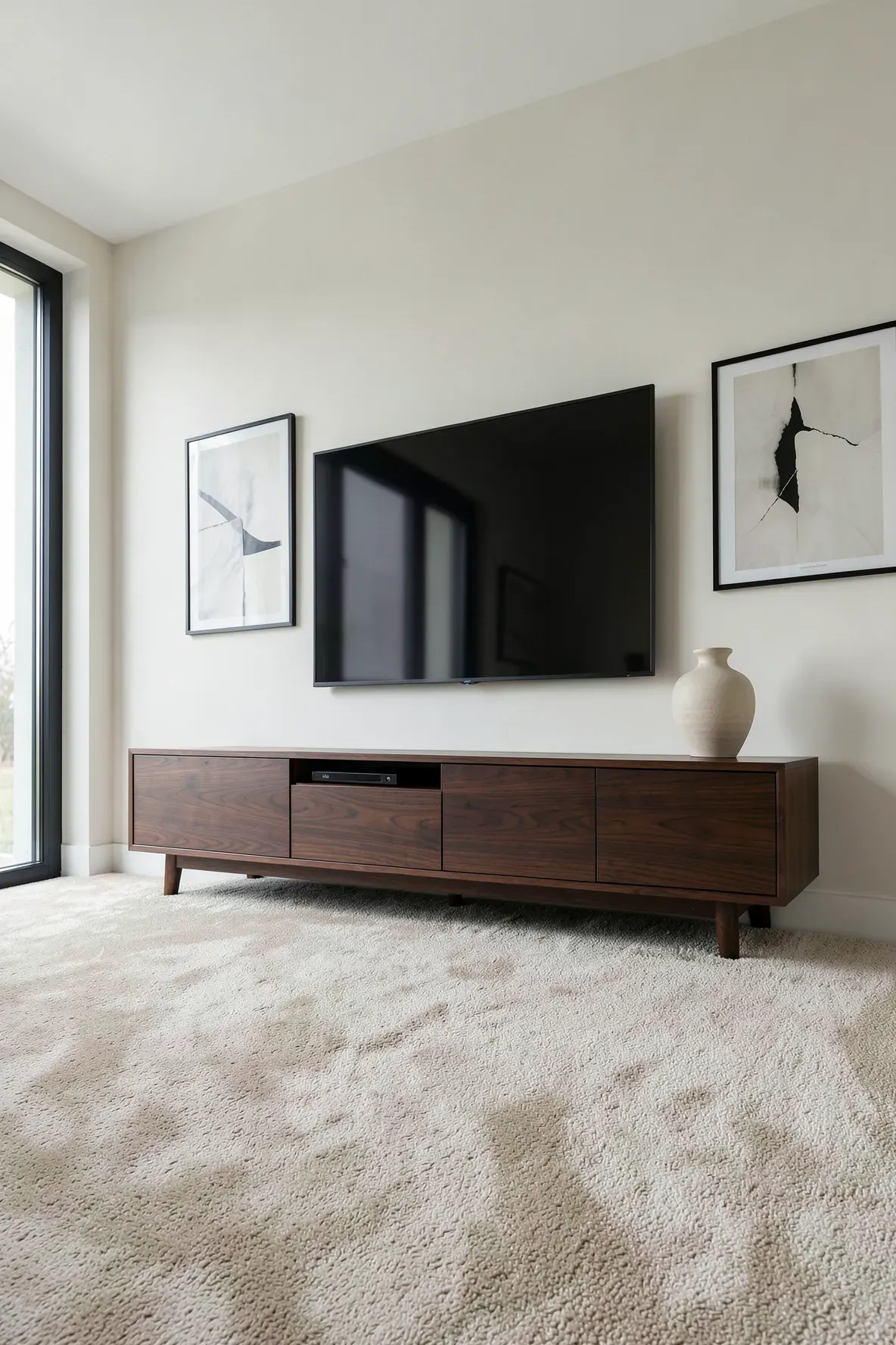 A dark walnut media console standing on a soft beige carpet in a modern, sunlit living room.