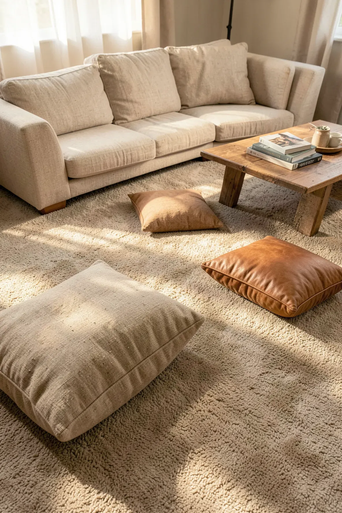 Large linen and leather floor cushions arranged on a soft beige carpeted floor in a bright room.
