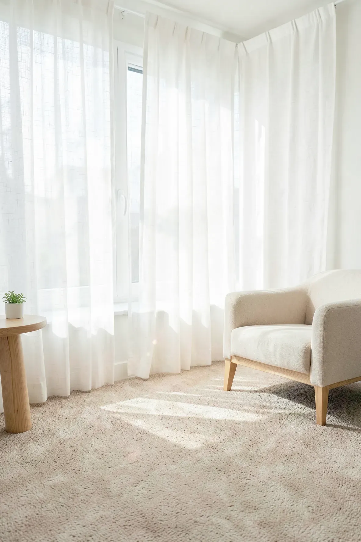 Sheer white linen curtains hanging in a bright living room with a neutral beige carpet.