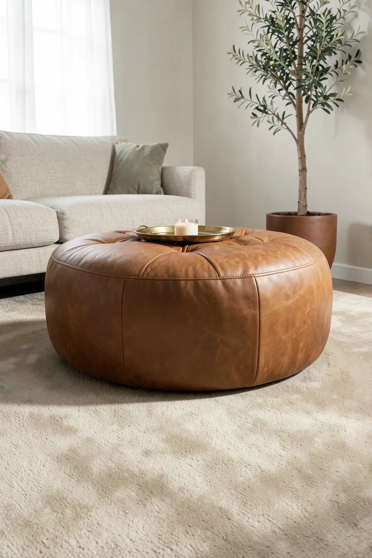 A cognac leather ottoman placed in the center of a living room with smooth beige carpeting.