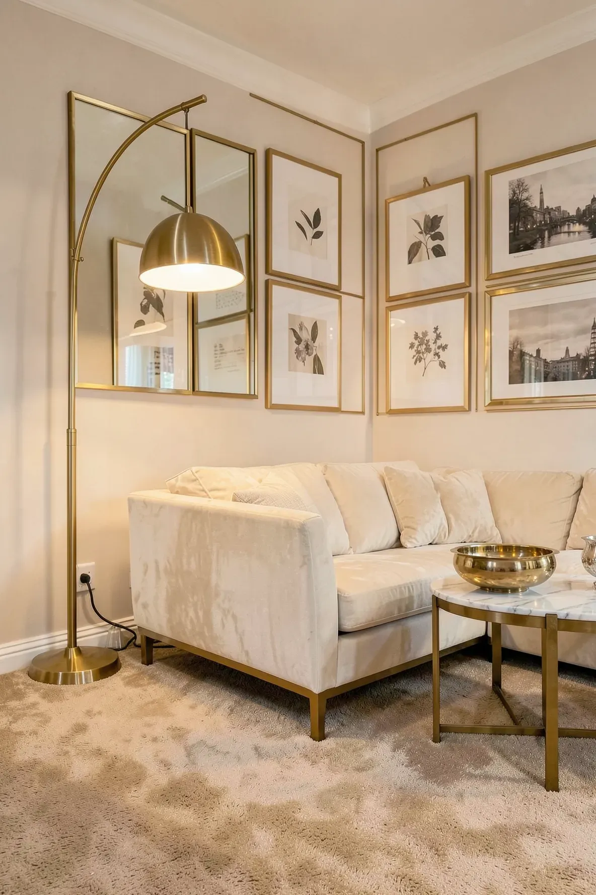 Brass floor lamps and frames accentuating a warm beige carpeted living room.
