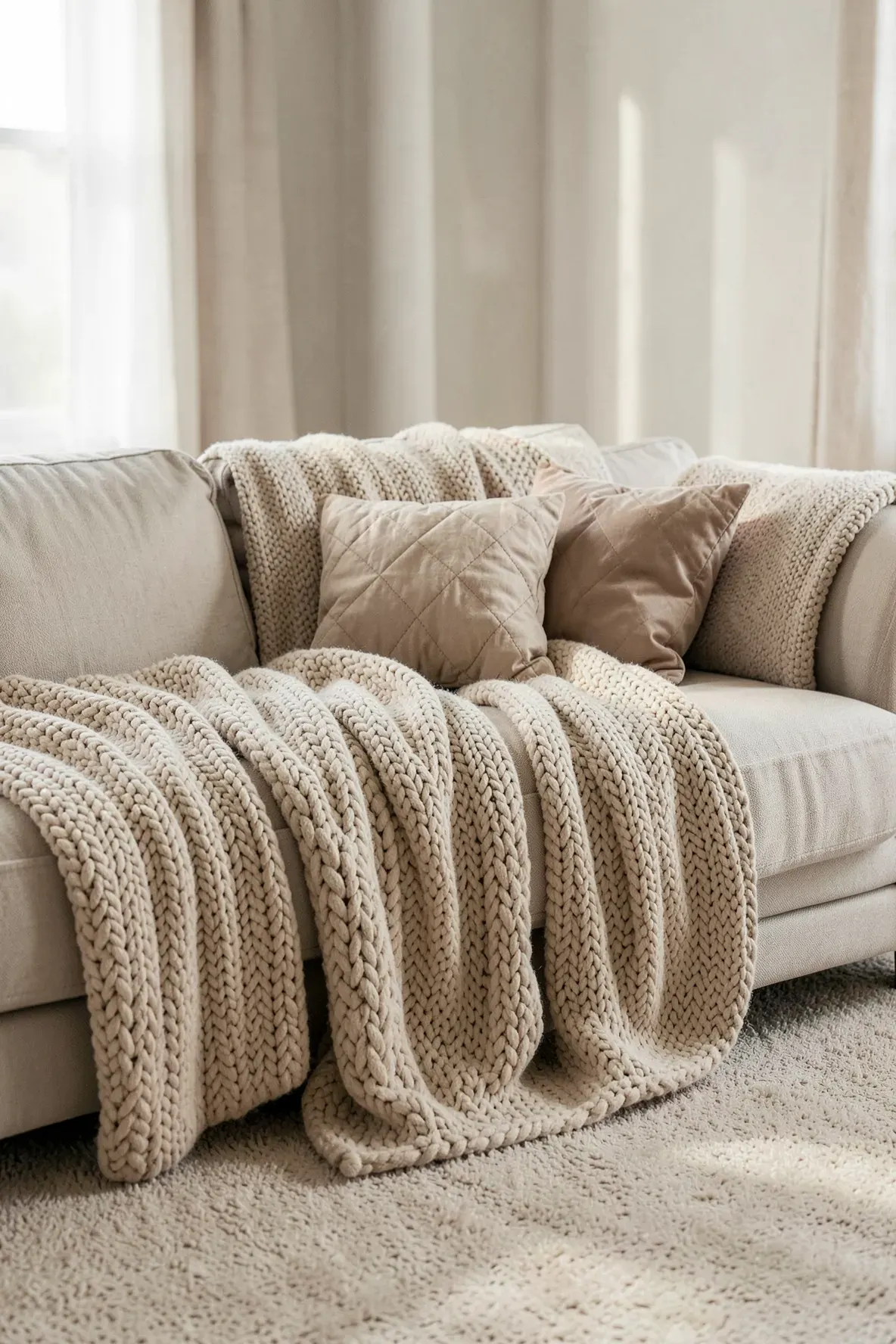 A monochromatic living room with layered beige knits, pillows, and soft carpeting.