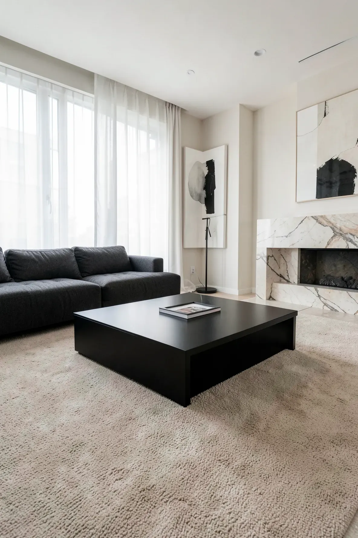 A modern living room with a matte black coffee table on a soft beige carpet.
