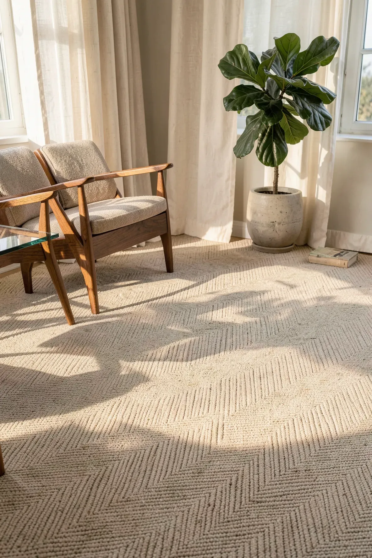 Close-up of a beige carpet with a herringbone pattern in a bright living room.