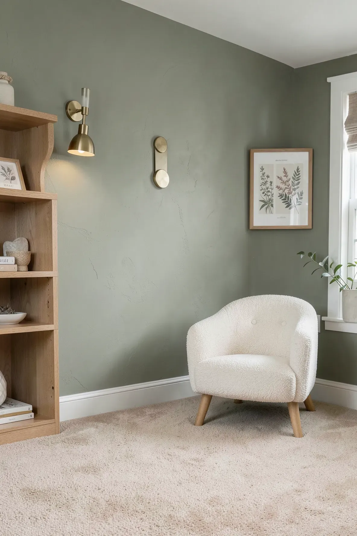Living room featuring sage green walls and a sandy beige carpeted floor.