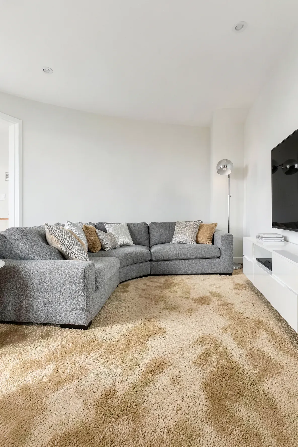 A stone gray sofa placed on a warm oatmeal beige carpet in a modern room.