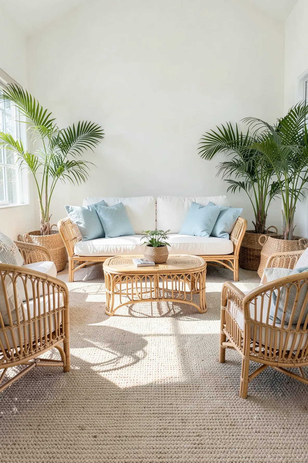 Natural rattan furniture set on a textured beige carpet in a bright room.