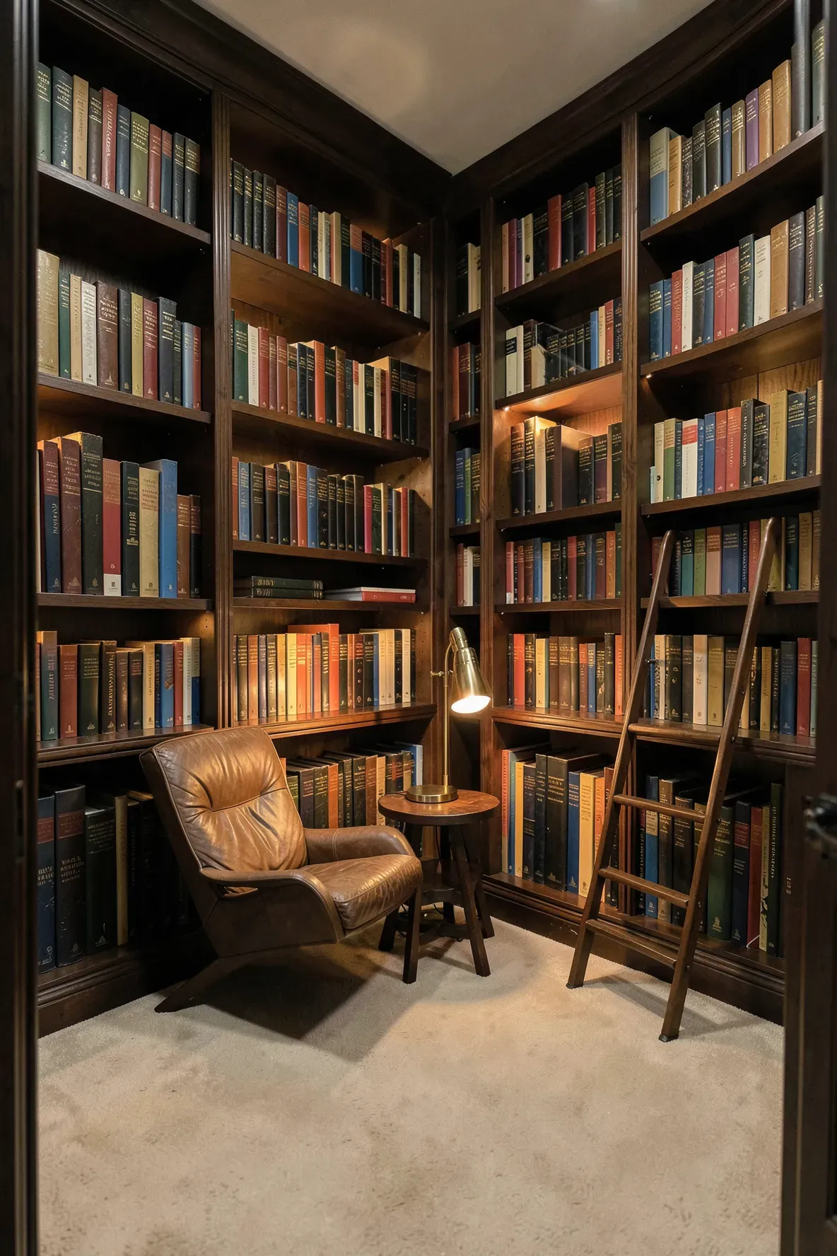 Floor-to-ceiling bookshelves framing a cozy corner with beige carpeting.