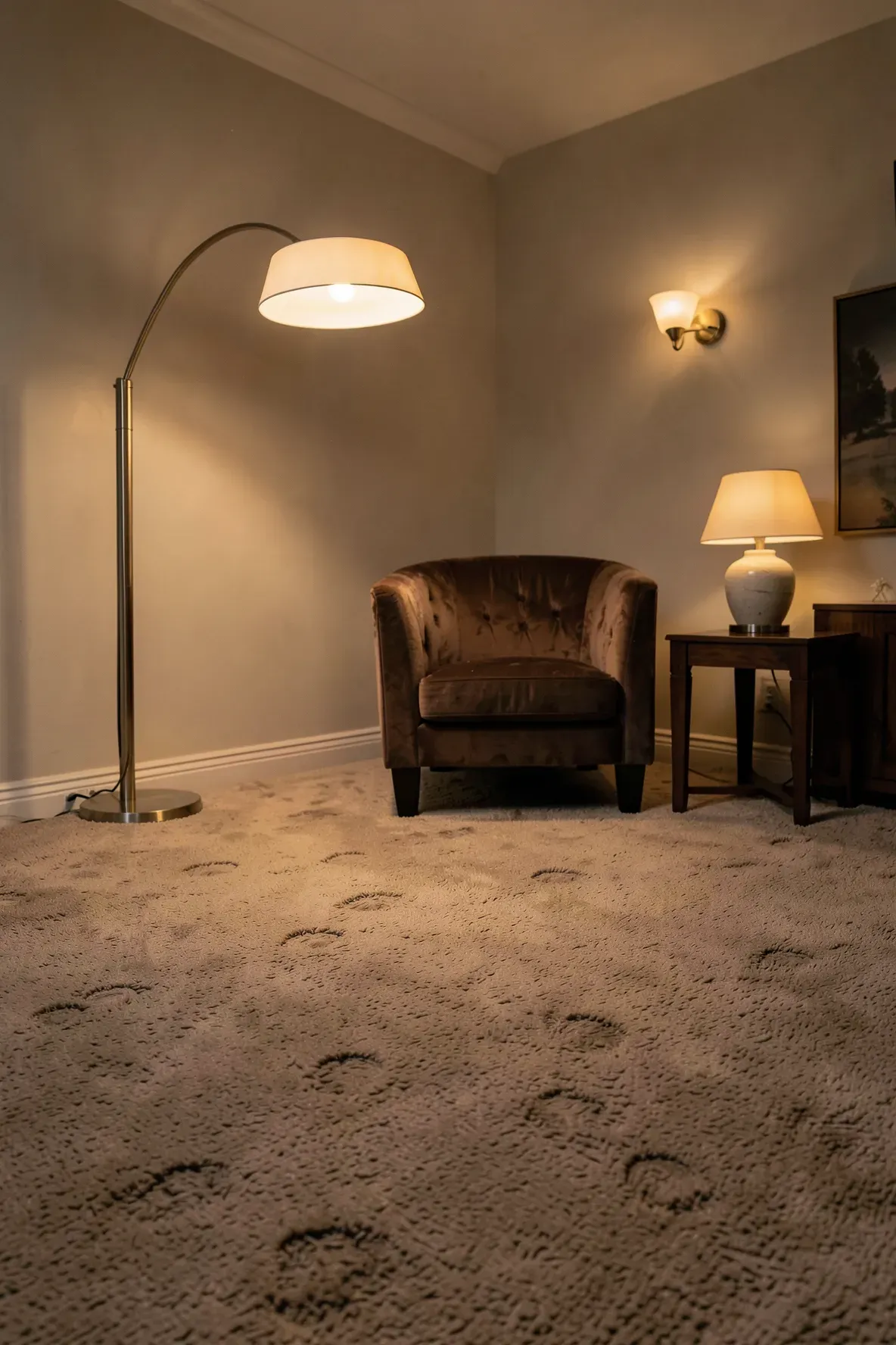 A living room at night with warm lamps highlighting the texture of a beige carpet.